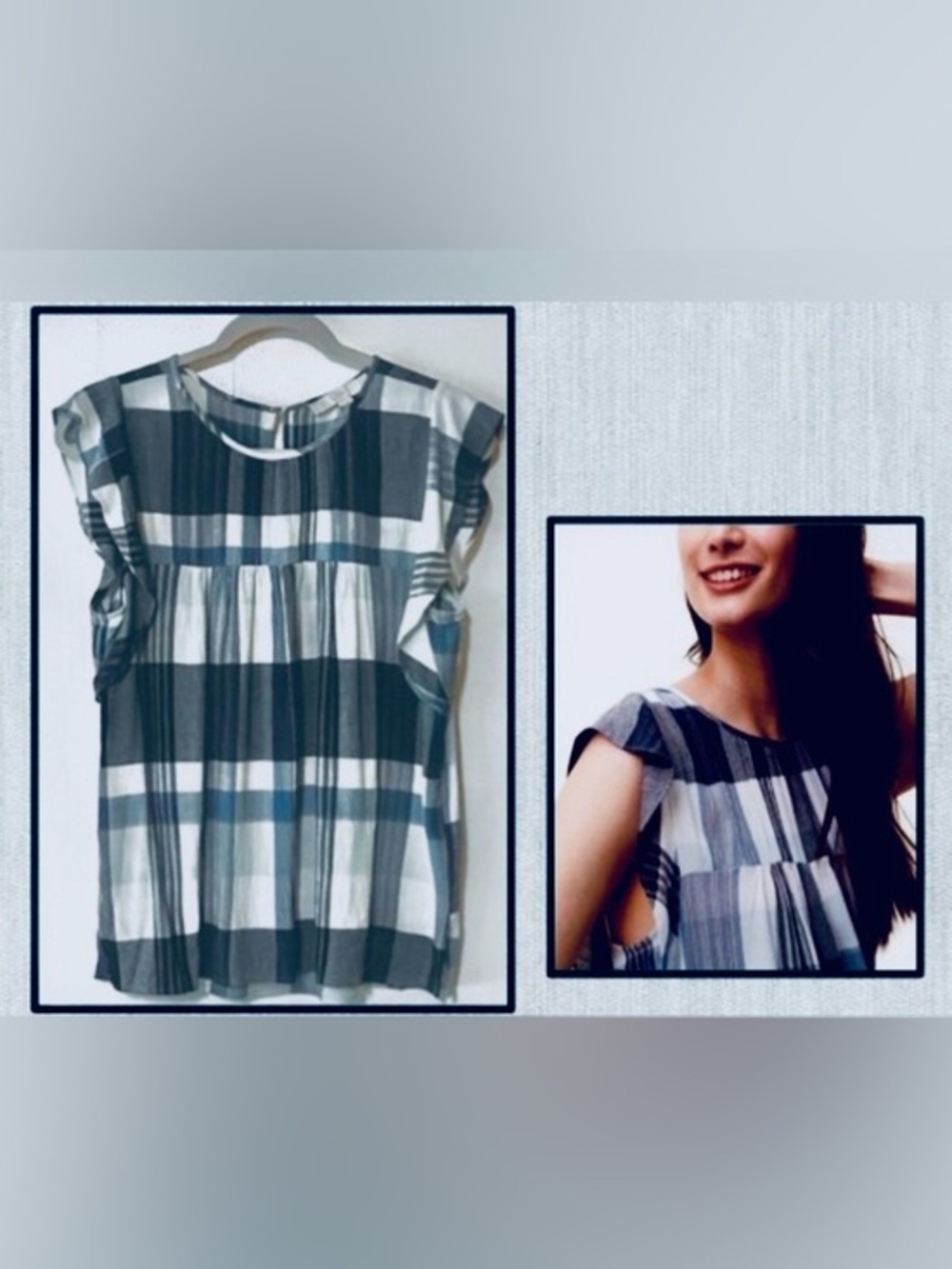 LOFT Dark Indigo Blue & Cream Plaid Flutter Sleeve Blouse: Small
